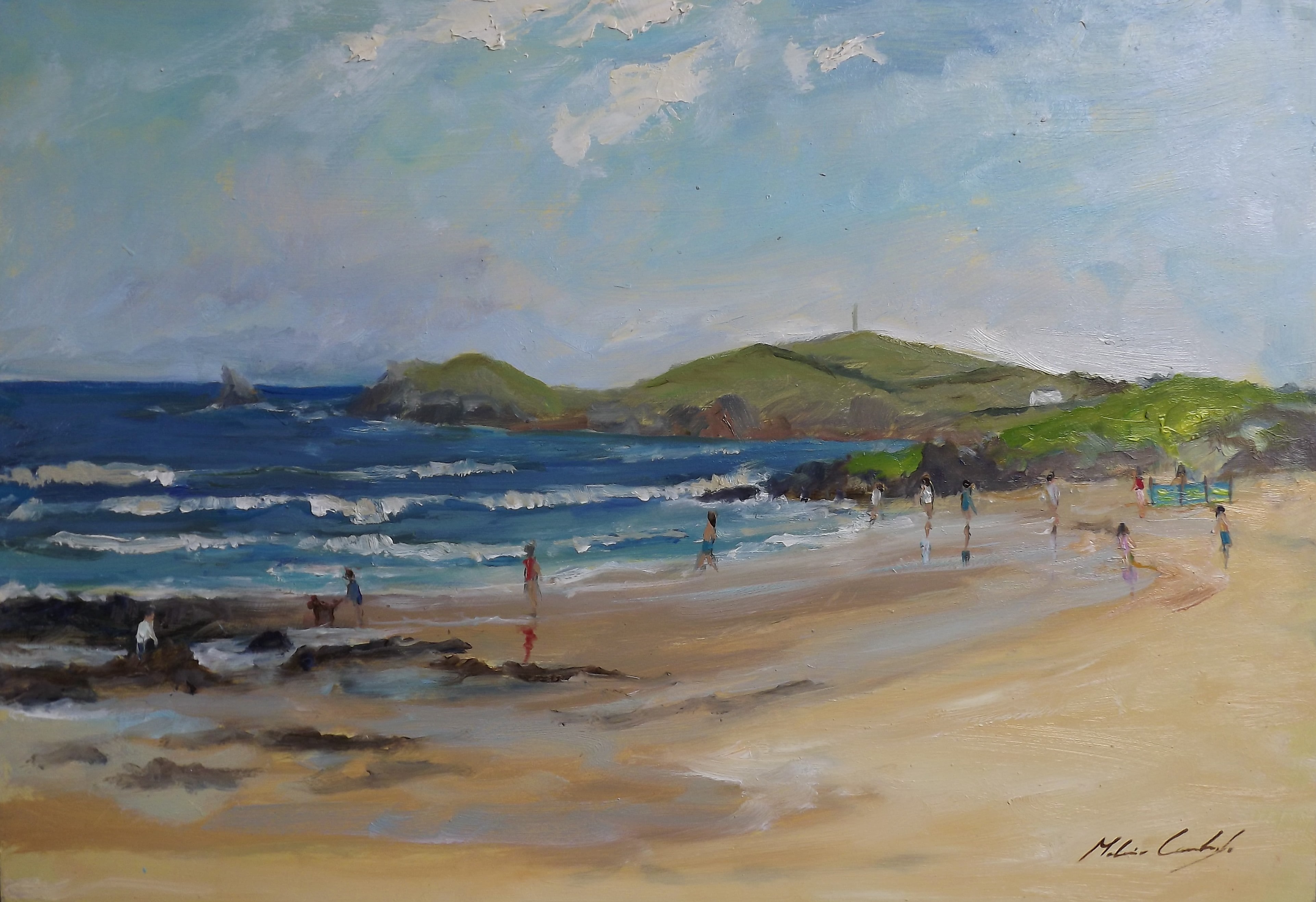 figures at low tide on the beach at Constantine, Cornwall