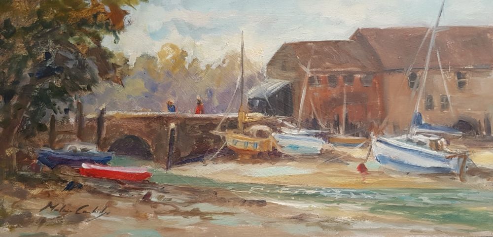 boats by Eling Tide Mill, Southampton, at low tide